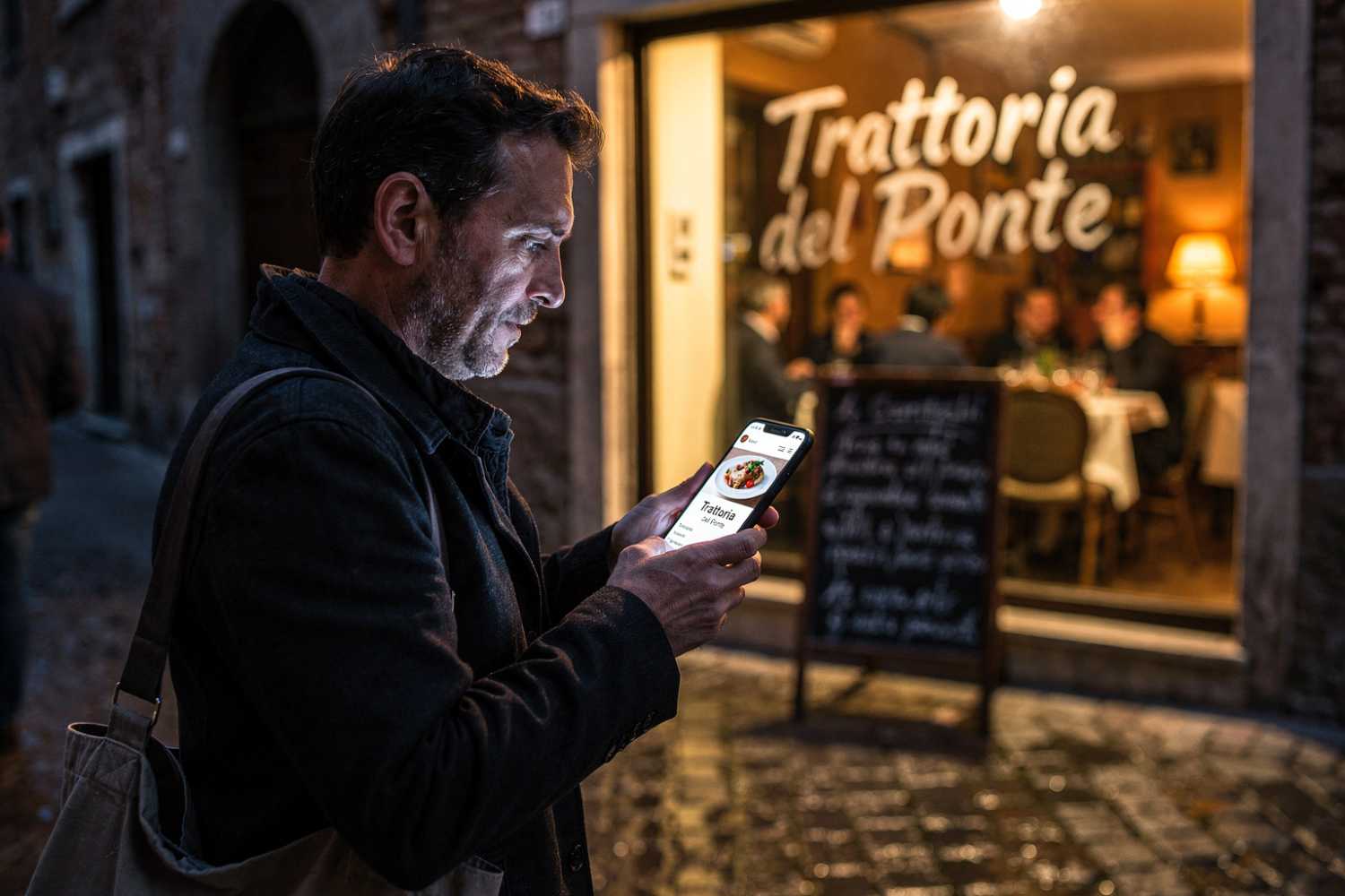 Uomo che legge la pagina web di una trattoria sullo smartphone poco prima di entrare nel locale