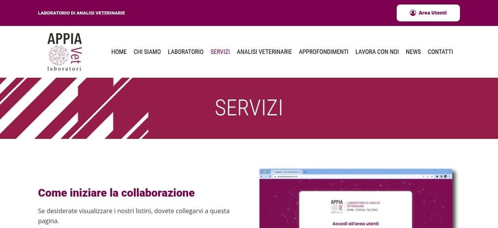 Screenshot della pagina Servizi del sito AppiaVet con il pulsante di accesso all'area utenti