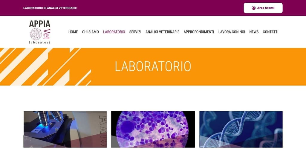 Screenshot della pagina Laboratorio del sito AppiaVet con le sezioni di patologia clinica, citopatologia e biologia molecolare