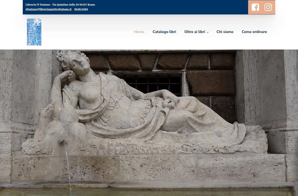 Screenshot della homepage del sito Libreria IV Fontane con foto della celebre fontana