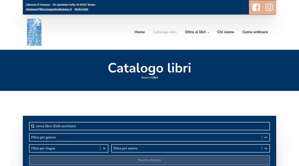 Screenshot della pagina Catalogo libri con i filtri di ricerca per genere, lingua e autore