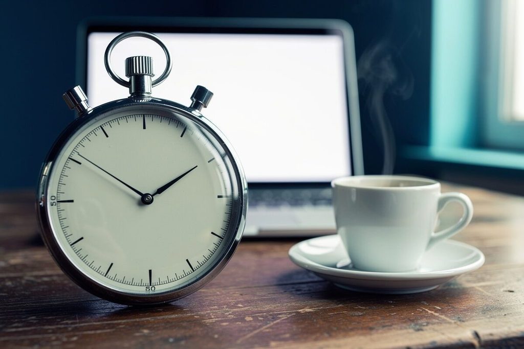 Cronometro analogico accanto a una tazzina di caffè, a rappresentare l'attesa di un sito che non si carica
