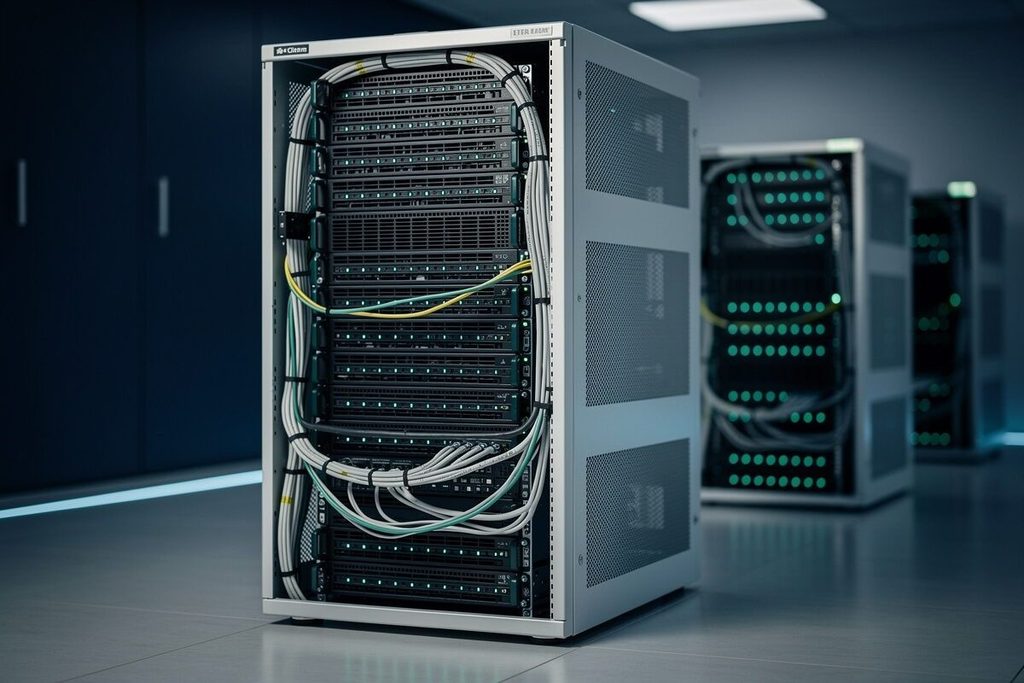 Armadio rack con server montati e cavi ordinati, dove vengono ospitati i siti web