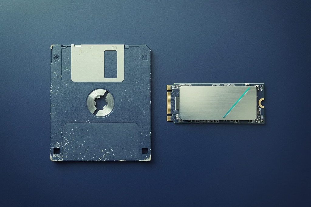 Un vecchio floppy disk accanto a un SSD moderno, a rappresentare l'aggiornamento di PHP